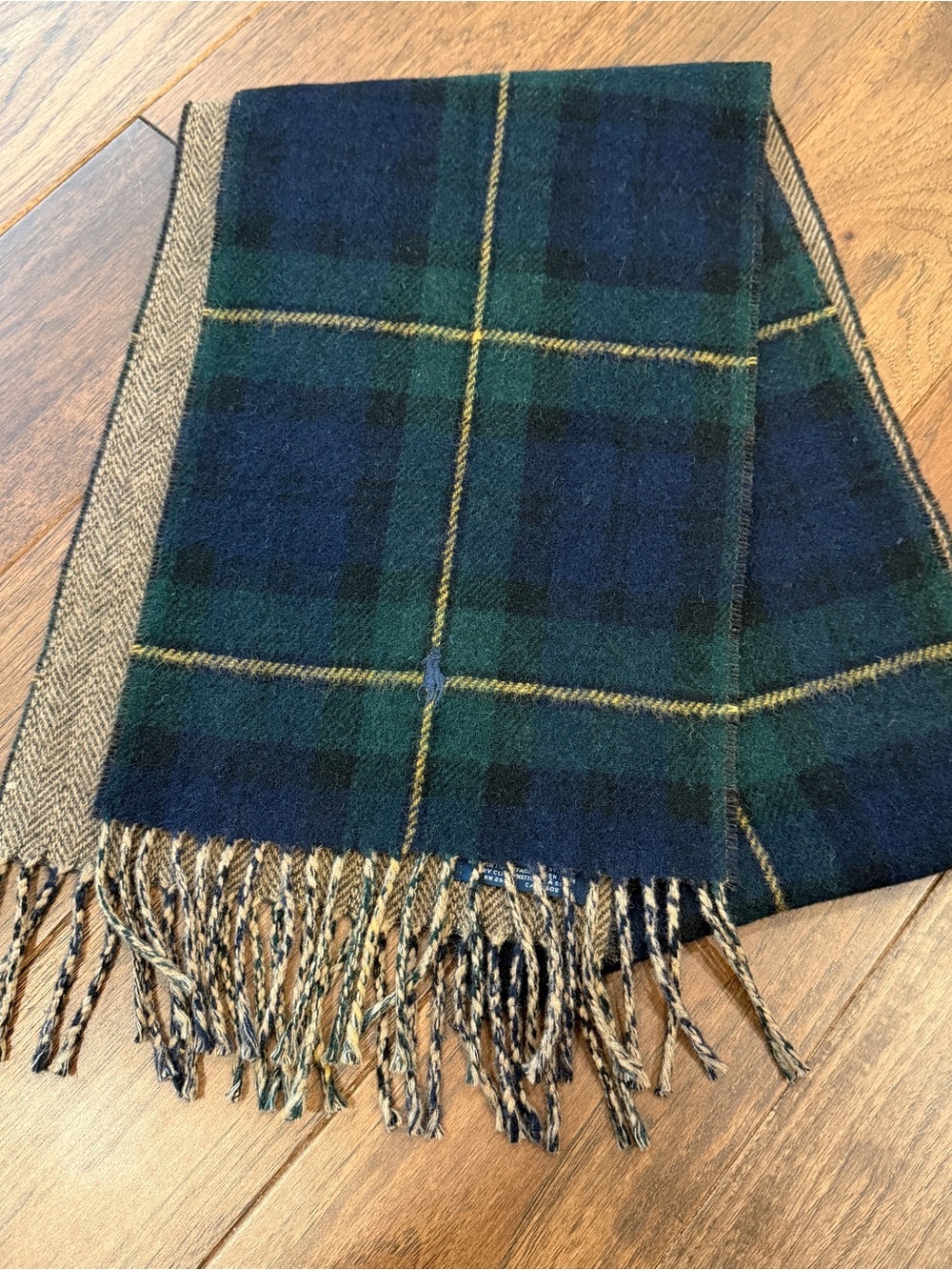 Polo Ralph Lauren Brown Herringbone & Dark Green Plaid Wool Scarf